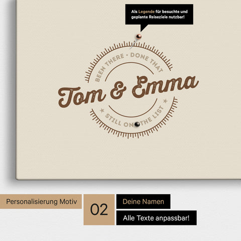 Personalisierte Afrika-Karte als Pinn-Leinwand in Desert Sand (Beige) mit eingedruckten Namen und einer Legende zur Markierung von besuchten Orten