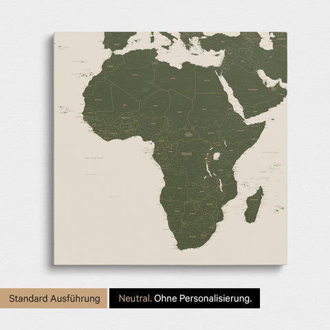 Neutrale und schlichte Ausführung einer Afrika-Karte als Pinn-Leinwand in Dunkelgrün ohne Personalisierung