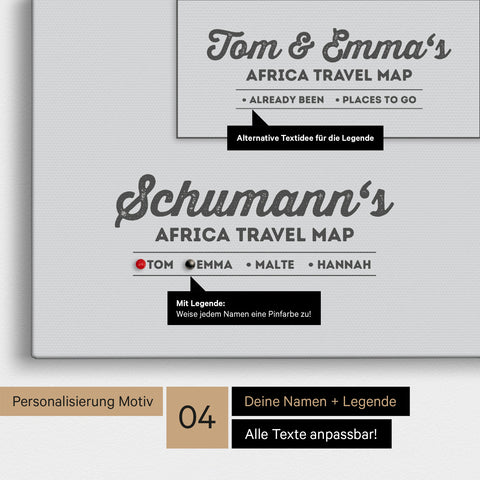 Pinnwand Leinwand einer Afrika-Karte in Hellgrau mit Personalisierung als Logo mit Familiennamen und Legende