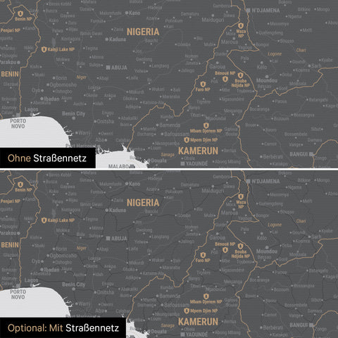 Landkarte von Afrika als Pinn-Leinwand in Light Gray wahlweise mit oder ohne eingedrucktem Straßennetz