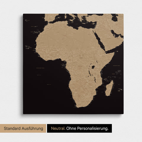 Neutrale und schlichte Ausführung einer Afrika-Karte als Pinn-Leinwand in Sonar Black (Schwarz-Gold) ohne Personalisierung