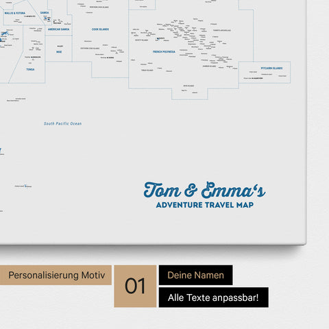 Australien-Karte Pinn-Leinwand in Farbe Blau mit personalisiertem Text