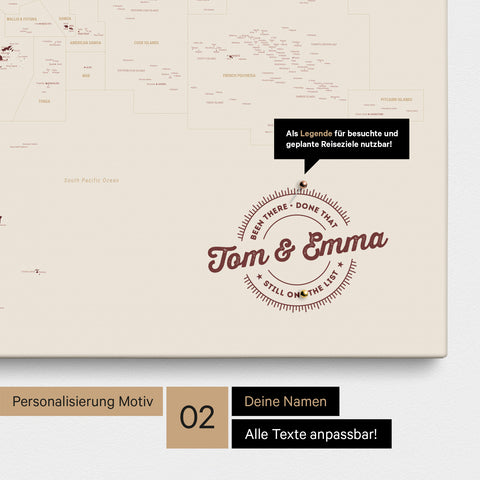 Personalisierte Australien-Karte als Pinn-Leinwand in Farbe Bordeaux Rot mit eingedruckten Namen und einer Legende zur Markierung von besuchten Orten