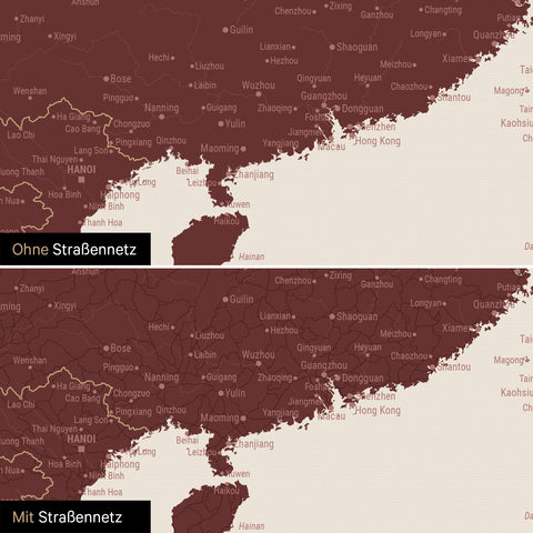 Vergleich einer Australien-Karte in Farbe Bordeaux Rot mit und ohne Straßennetz