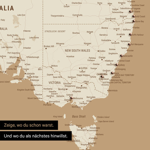 Ausschnitt einer Landkarte von Australien in Farbe Treasure Gold mit Pins zur Markierung von besuchten Reisezielen