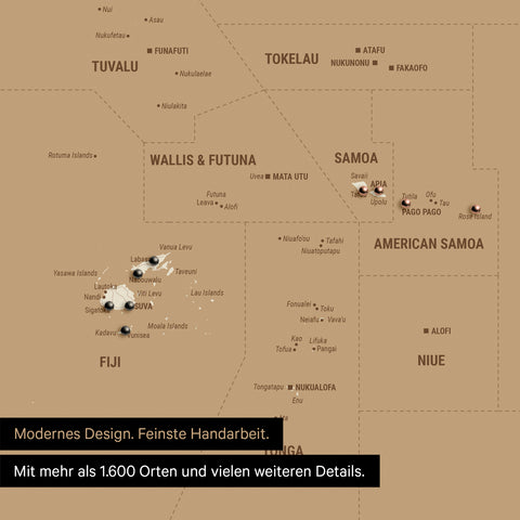 Sehr detaillierte Landkarte von Ozeanien in Farbe Treasure Gold mit allen Inseln und Atollen in der Südsee