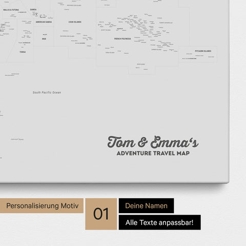 Australien-Karte Pinn-Leinwand in Farbe Hellgrau mit personalisiertem Text