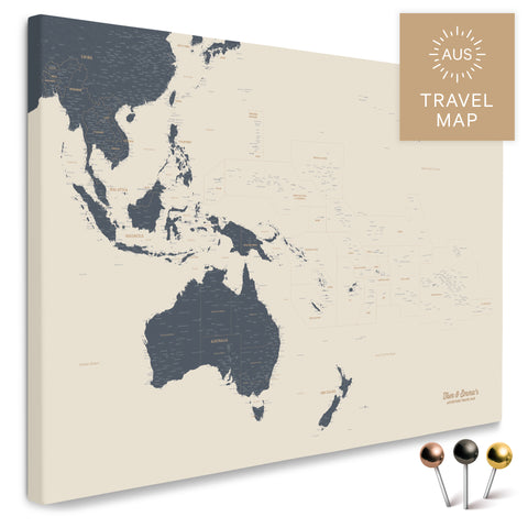 Landkarte von Australien und Ozeanien in Farbe Navy Light als Pinnwand Leinwand zum Pinnen und Markieren von Reisezielen