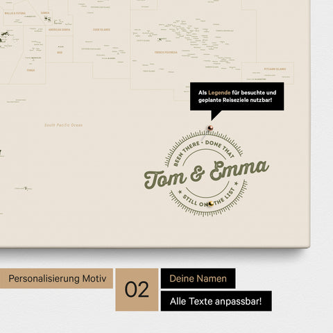Personalisierte Australien-Karte als Pinn-Leinwand in Farbe Olive Green mit eingedruckten Namen und einer Legende zur Markierung von besuchten Orten