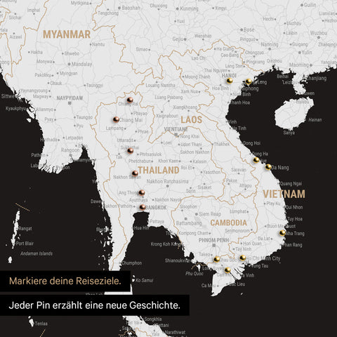Detail einer Südost-Asien-Karte als Pinn-Leinand in Farbe Schwarz-Weiß mit Kartenausschnitt von Thailand, Vietnam und Myanmar
