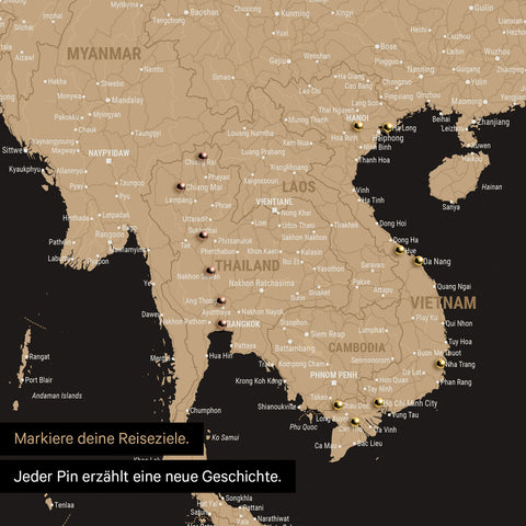 Detail einer Südost-Asien-Karte als Pinn-Leinand in Farbe Sonar Black (Schwarz-Gold) mit Kartenausschnitt von Thailand, Vietnam und Myanmar
