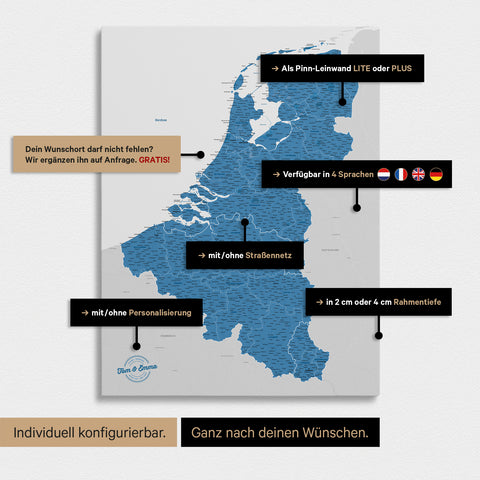 Mappa del Benelux con puntine TRAVEL® – Blu Oceano