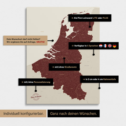 Mappa del Benelux con puntine TRAVEL® – Bordeaux Rosso