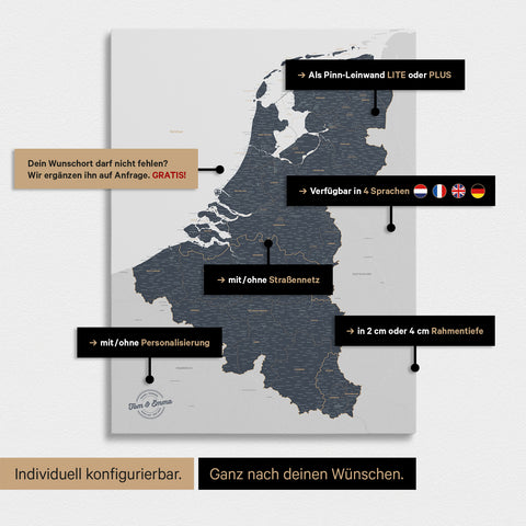 Mappa del Benelux con puntine TRAVEL® – Blu Denim