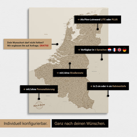 Mappa del Benelux con puntine TRAVEL® – Sabbia del Deserto