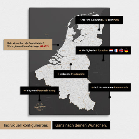 Mappa del Benelux con puntine TRAVEL® – Grigio Scuro