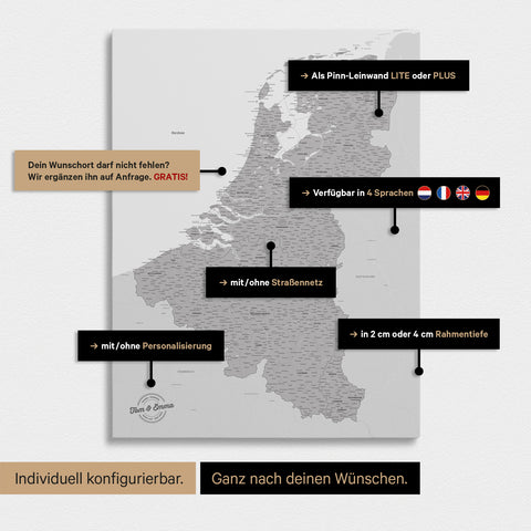 Mappa del Benelux con puntine TRAVEL® – Grigio Freddo