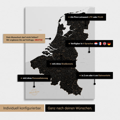 Mappa del Benelux con puntine TRAVEL® – Nero Chiaro