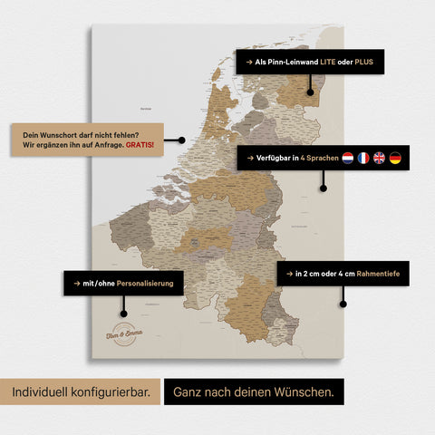 Mappa del Benelux con puntine TRAVEL® – Multicolore Beige
