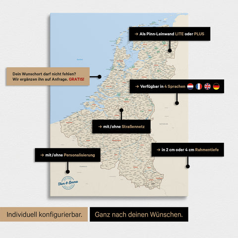 Mappa del Benelux con puntine TRAVEL® – Multicolore Classico