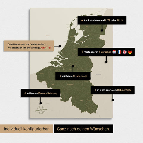 Mappa del Benelux con puntine TRAVEL® – Verde Oliva