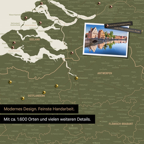 Benelux-Landkarte in Oliv-Grün als Leinwand zum Pinnen zeigt einen Ausschnitt von Seeland, Ostflandern und Antwerpen mit vielen Details wie Nationalparks, Flüssen und zahlreichen kleinen Orten und Städten, die teilweise mit Pins markiert sind