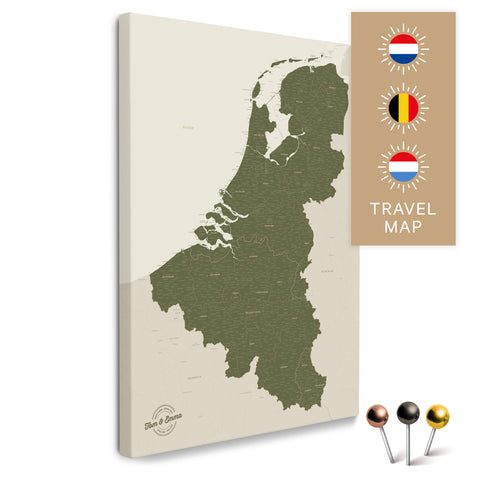 Benelux-Landkarte mit Niederlande, Belgien und Luxemburg in der Farbe Oliv-Grün in einem modernen, minimalistischem Design als Leinwand zum Pinnen von Reisen und Orten