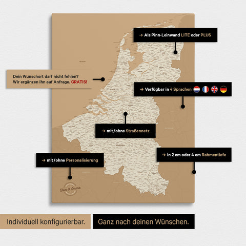 Mappa del Benelux con puntine TRAVEL® – Oro Tesoro