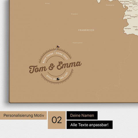 Benelux-Karte Pinn-Leinwand in Treasure Gold mit Personalisierung als rundes Logo, das eine Legende für bereits besuchte Reiseziele im Rundtext beinhaltet