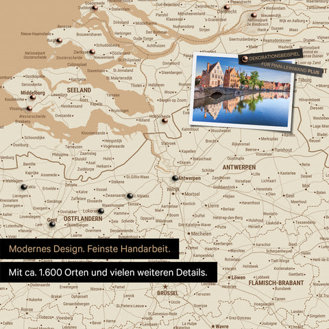 Benelux-Landkarte in Treasure Gold als Leinwand zum Pinnen zeigt einen Ausschnitt von Seeland, Ostflandern und Antwerpen mit vielen Details wie Nationalparks, Flüssen und zahlreichen kleinen Orten und Städten, die teilweise mit Pins markiert sind
