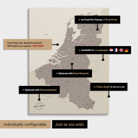 Mappa del Benelux con puntine TRAVEL® – Grigio Caldo
