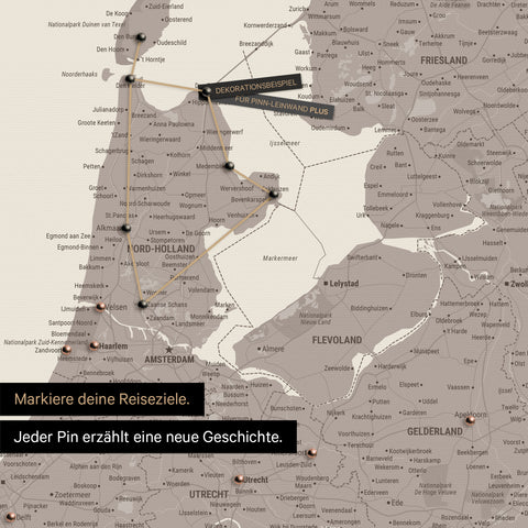 Moderne Benelux-Landkarte in der Farbe Warmgray als Pinn-Leinwand zeigt einen Ausschnitt von Nord-Holland und Utrecht, in der bereits besuchte Reiseziele durch Pins markiert sind