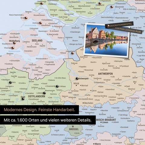 Politische Benelux-Landkarte als Leinwand zum Pinnen zeigt einen Ausschnitt von Seeland, Ostflandern und Antwerpen mit vielen Details wie Nationalparks, Flüssen und zahlreichen kleinen Orten und Städten, die teilweise mit Pins markiert sind