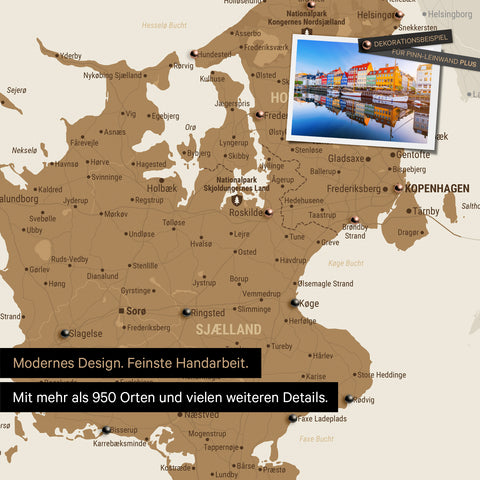 Detail of a bronze Denmark Push Pin Map showing travel destinations around Copenhagen marked with pins