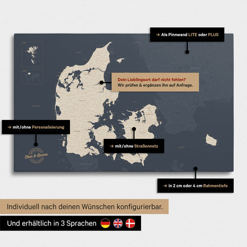 Diverse configuration options for a Denmark map as a Hale Navy Push Pin Map