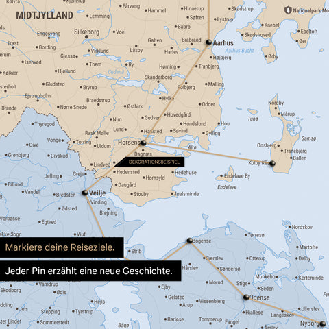 Detailed political map of Denmark as a pinboard canvas in Multicolor Atlas, featuring travel destinations in Central Jutland marked with pins and a travel route depicted with string