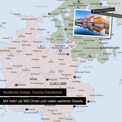 Detail of a political Denmark map Push Pin Map in Multicolor Atlas showing destinations around Copenhagen marked with pins