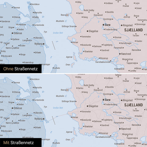 Political Denmark Map Push Pin Map in Multicolor Atlas with optional printed road network of motorways and country roads