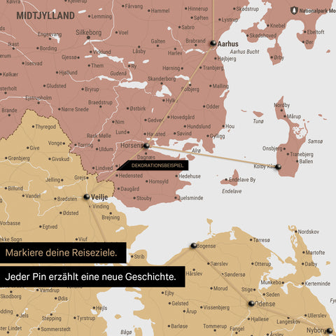 Detailed map of Denmark as a pinboard canvas in Multicolor Sienna, with travel destinations in Central Jutland marked with pins and a travel route depicted with thread