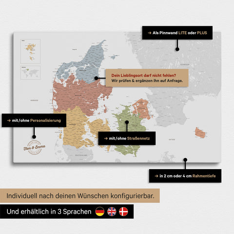Diverse configuration options for a Denmark map as a Push Pin Map in Multicolor Sienna