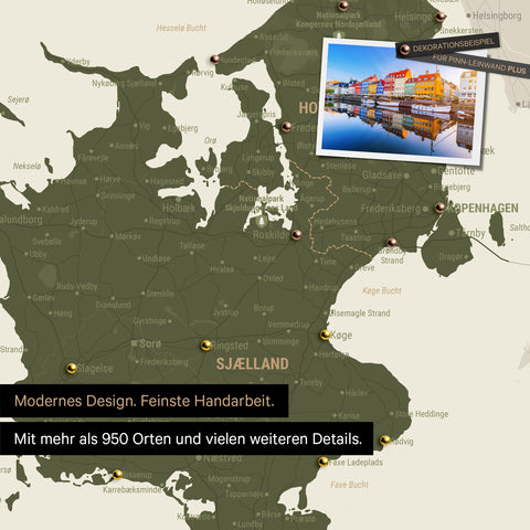 Detail of a Denmark map Push Pin Map in Olive Green showing travel destinations around Copenhagen marked with pins