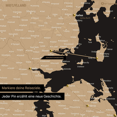 Detailed map of Denmark as a pinboard canvas in Sonar Black, with travel destinations in Central Jutland marked with pins and a travel route depicted with yarn