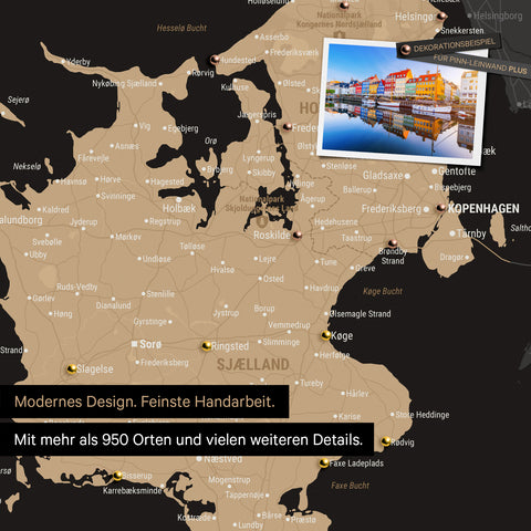 Close-up of a Denmark map Push Pin Map in Sonar Black showing travel destinations around Copenhagen marked with pins