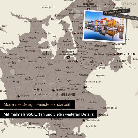 Detail of a Denmark map Push Pin Map in Warmgray (brown-gray), showing travel destinations around Copenhagen marked with pins