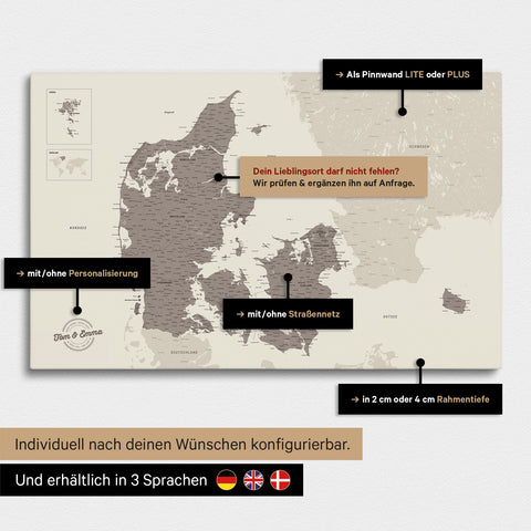 Diverse configuration options for a Denmark map as a Warmgray (brown-gray) Push Pin Map