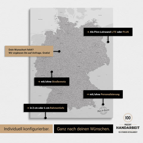 Vielfältige Konfigurationsmöglichkeiten einer Deutschland-Karte als Pinn-Leinwand in Hellgrau