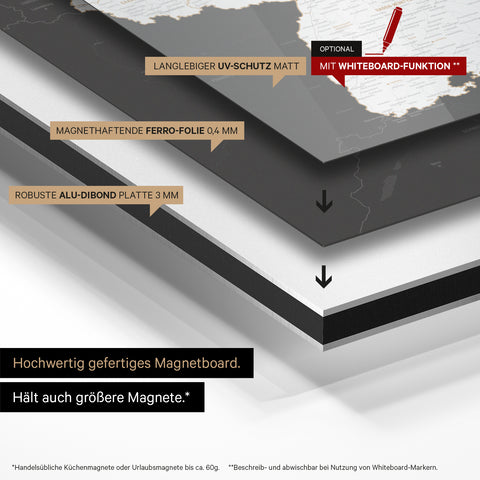 Deutschland-Karte auf magnethaftende Ferro-Folie gedruckt, auf Alu-Dibond-Tafel geklebt und mit UV-Schutz kaschiert