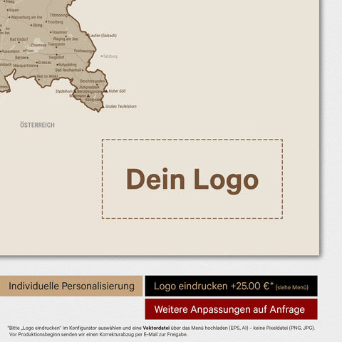 Weltkarte als Deutschland-Karte in Desert Sand mit Eindruck eines Firmenlogos
