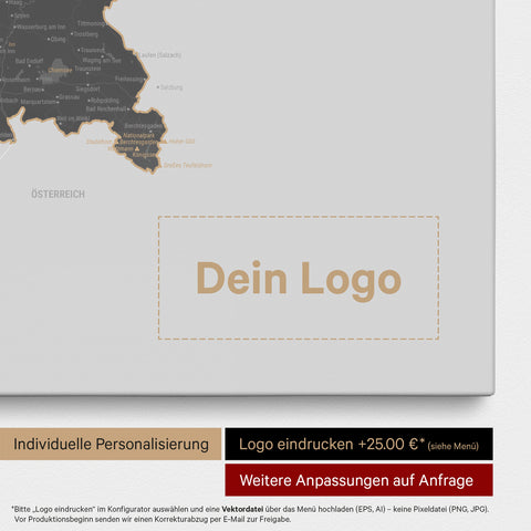 Deutschland-Karte als Pinn-Leinwand in Light Gray mit Eindruck eines Firmenlogos