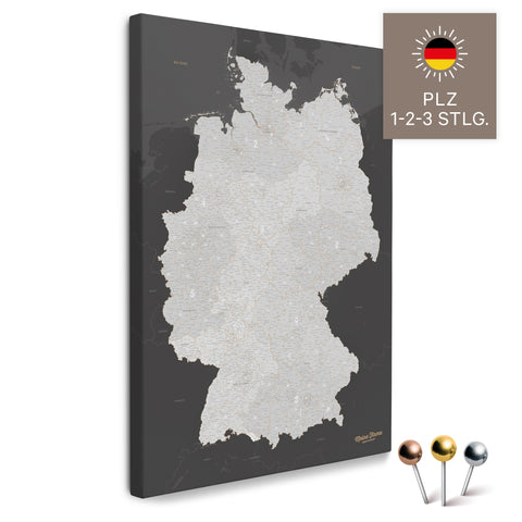 Deutschland-Karte mit Postleitzahlen 1-2-3-stellig in Dunkelgrau als Pinnwand Leinwand zum Pinnen und Markieren kaufen